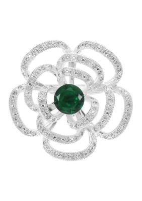 Belk Silverworks Lab Grown Emerald and Pavé Cubic Zirconia Multi Row Open Flower Pin