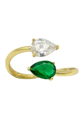 Belk Silverworks Lab Grown Gold over Sterling Emerald and Clear Cubic Zirconia Pear Open Wrap Ring, Green, 8
