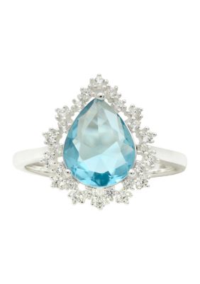 Belk Silverworks Lab Grown Sterling Silver Aqua Crystal Pear with Clear Cubic Zirconia Halo Ring