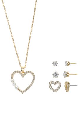 Belk Silverworks Gold Plated Cubic Zirconia and Pearl Open Heart Necklace and Pair of Three Stud Earrings Set
