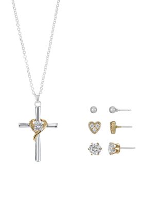 Belk Silverworks Two Tone Plated Cross Pendant & 3 Pair Earring Set