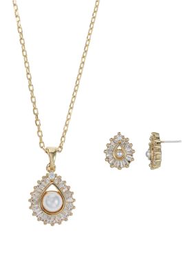 Belk Silverworks Gold Plated Baguette Cubic Zirconia Pear Teardrop Necklace & Earring Set, 18 in