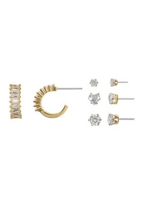 Belk Silverworks Gold Plated Cubic Zirconia Baguette Hoop & Multi Stud Earring Set