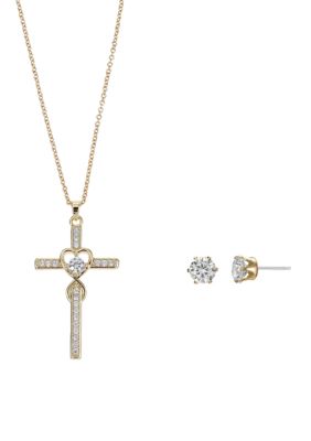 Belk Silverworks Gold Plated Infinity Wrapped Cubic Zirconia Cross & Earring Set