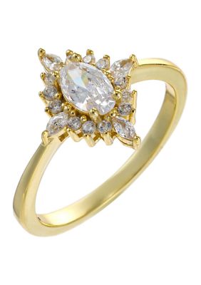 Belk Silverworks Lab Grown Gold Over Sterling Silver Clear Oval Cubic Zirconia with Multi Shape Halo Ring, 8
