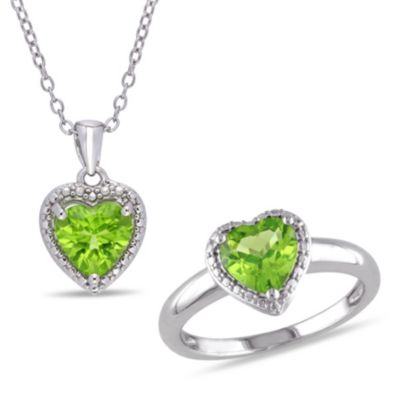 Belk & Co 2-Pc Set of Peridot Heart Halo Ring and Pendant with Chain in Sterling Silver, White, 6