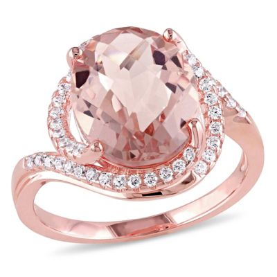 Haylee Jewels Lab Created Simulated Morganite and Cubic Zirconia Halo Swirl Ring in Rose Plated Sterling Silver, Pink, 7.5