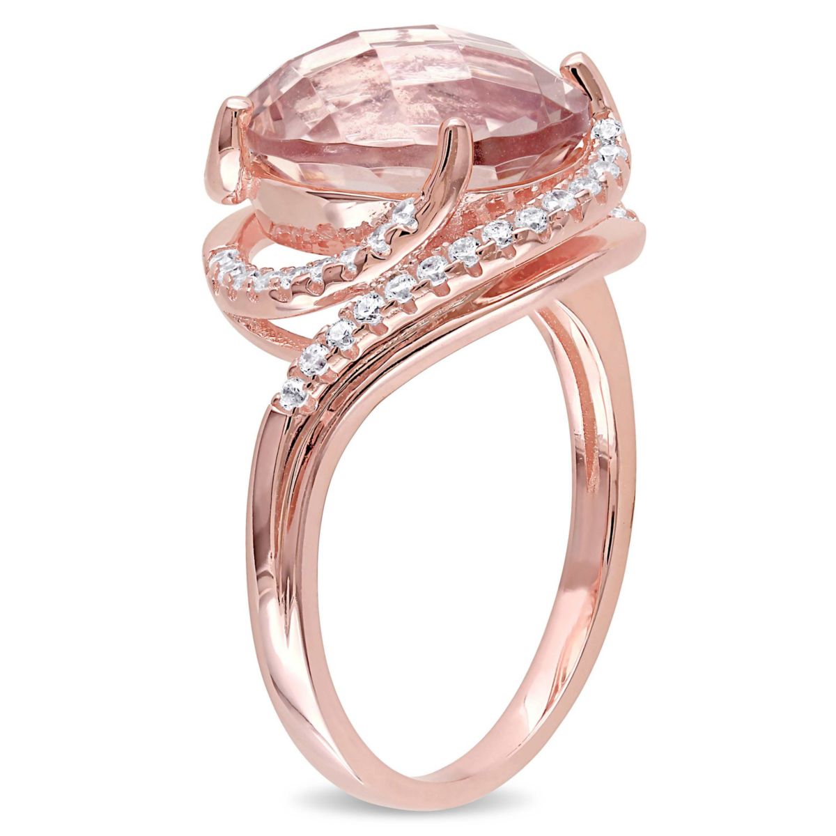Lab Created Simulated Morganite and Cubic Zirconia Halo Swirl Ring in Rose Plated Sterling Silver