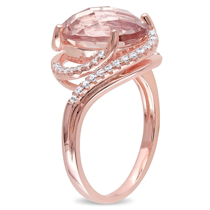Lab Created Simulated Morganite and Cubic Zirconia Halo Swirl Ring in Rose Plated Sterling Silver