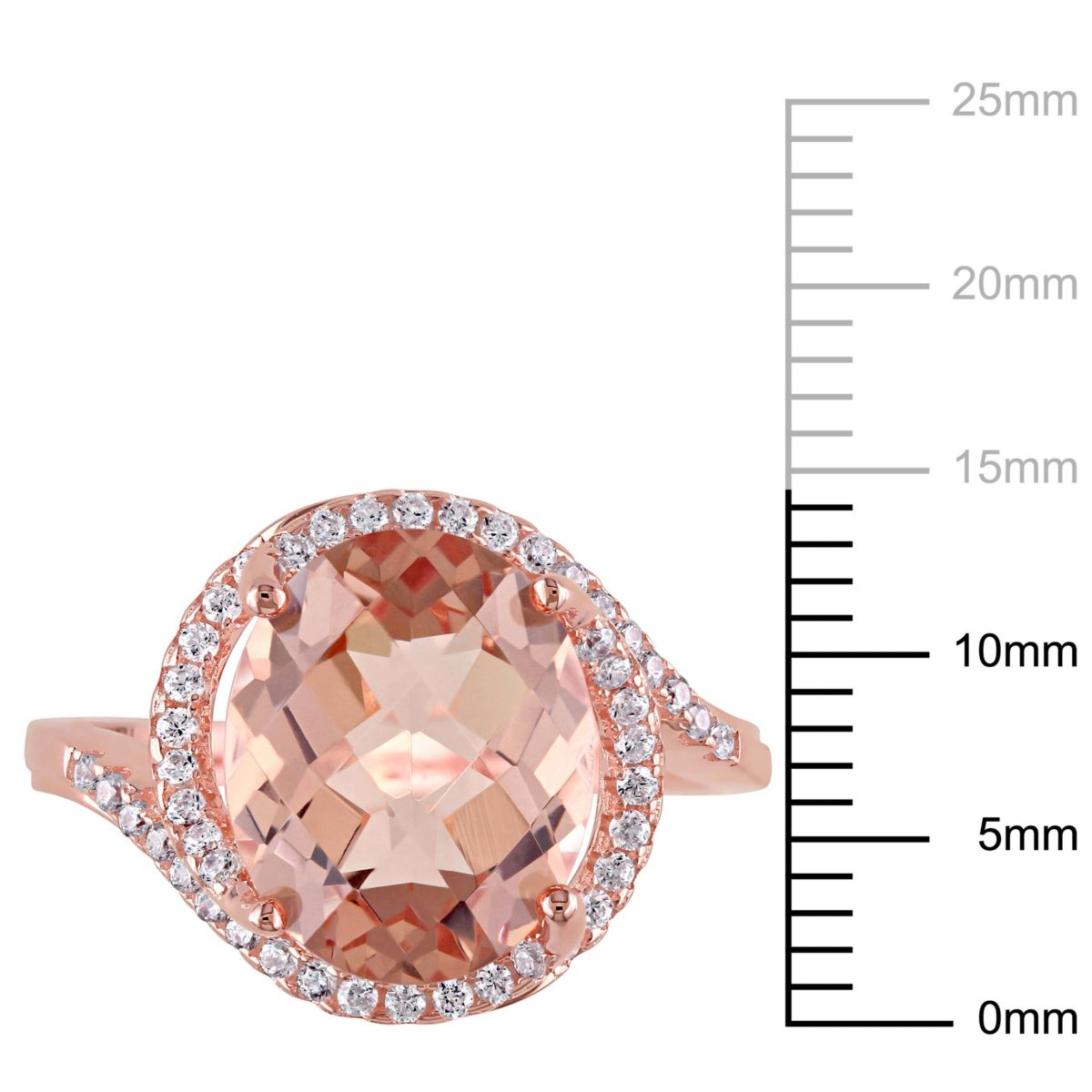 Lab Created Simulated Morganite and Cubic Zirconia Halo Swirl Ring in Rose Plated Sterling Silver