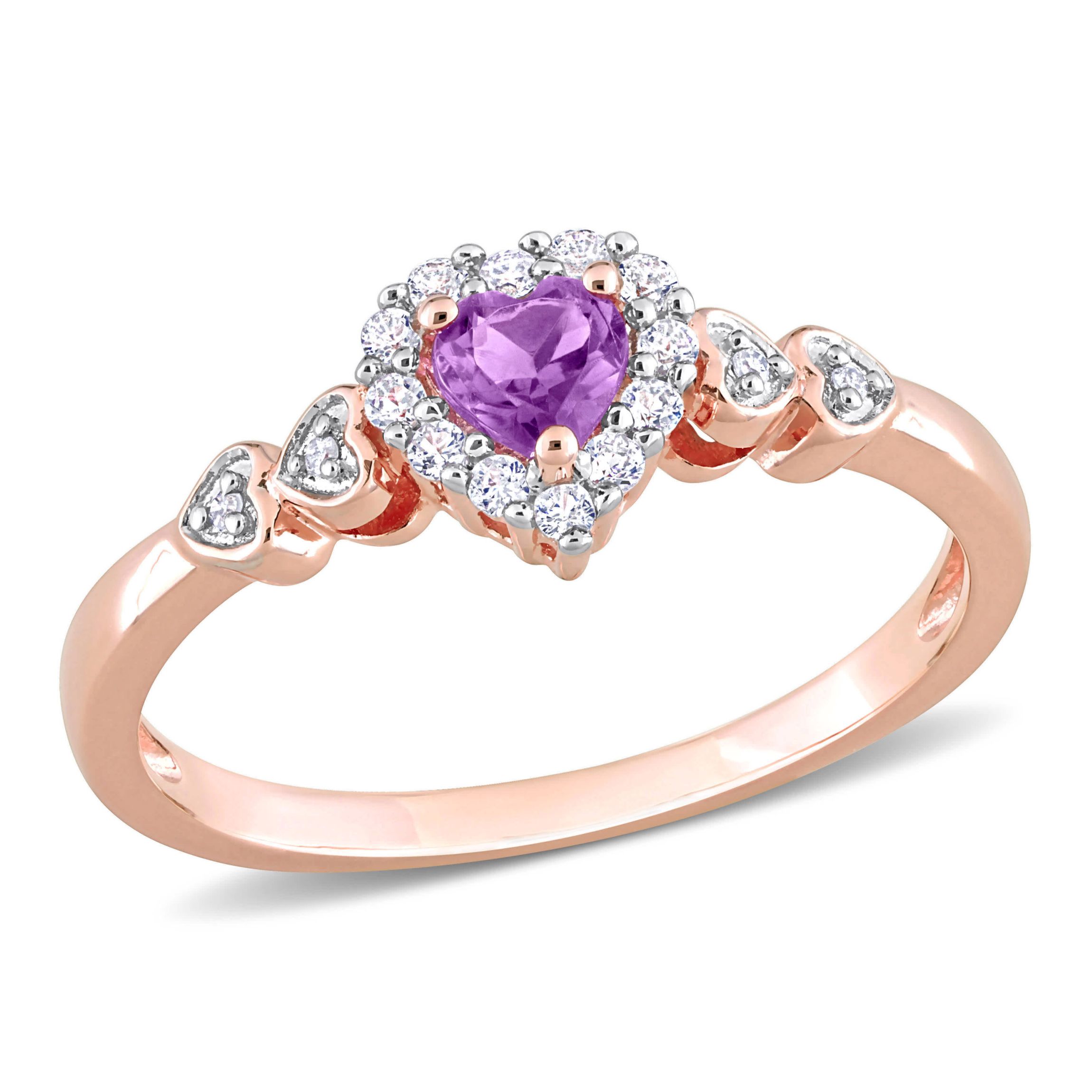 Lab Created Amethyst and Created White Sapphire with Diamond Accent Halo Promise Ring in Rose Plated Sterling Silver