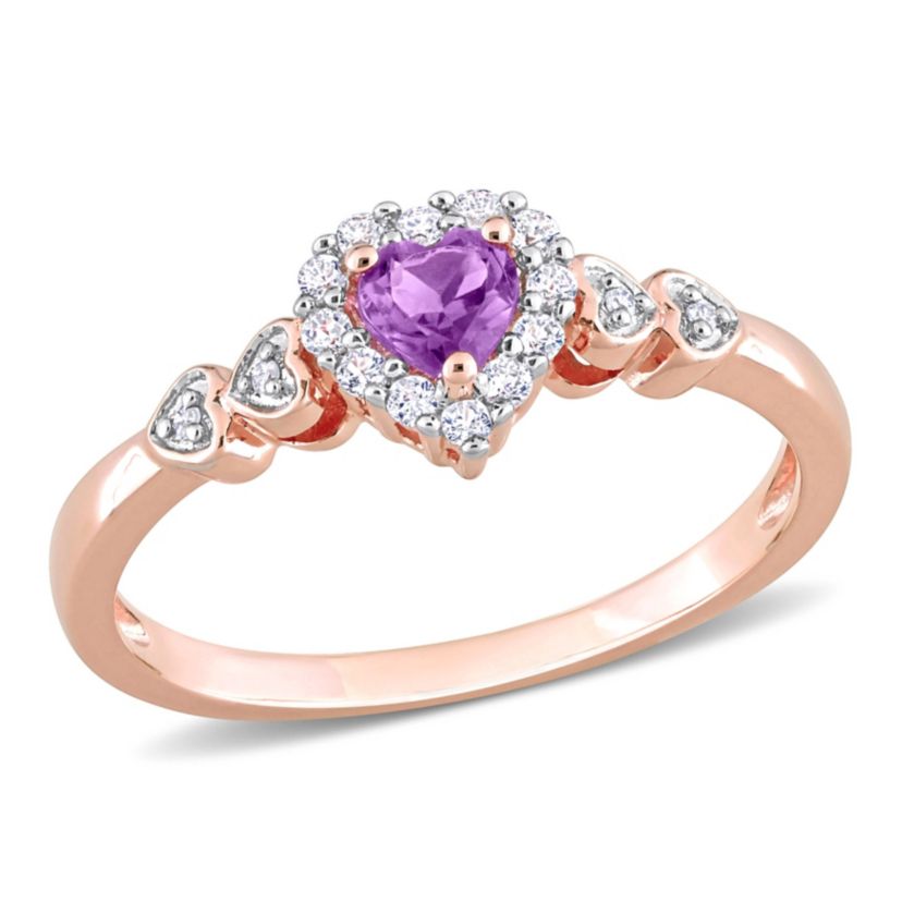 Lab Created Amethyst and Created White Sapphire with Diamond Accent Halo Promise Ring in Rose Plated Sterling Silver