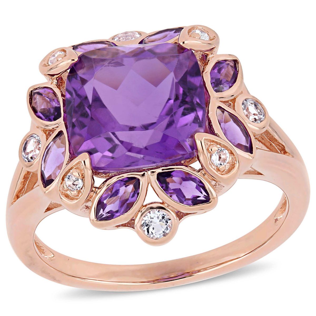 African-Amethyst and White Topaz Floral Ring in Rose Plated Sterling Silver