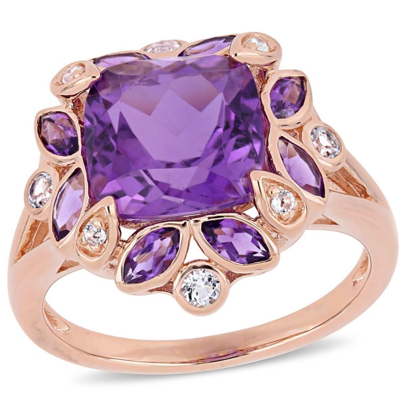 African-Amethyst and White Topaz Floral Ring in Rose Plated Sterling Silver