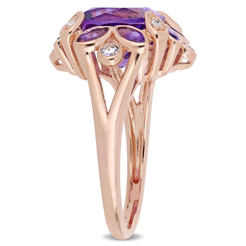 African-Amethyst and White Topaz Floral Ring in Rose Plated Sterling Silver