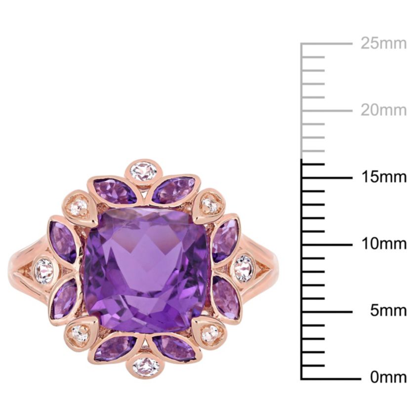 African-Amethyst and White Topaz Floral Ring in Rose Plated Sterling Silver