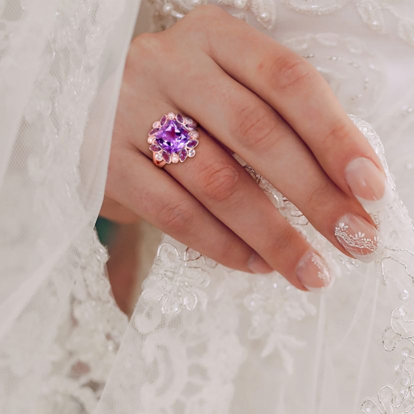 African-Amethyst and White Topaz Floral Ring in Rose Plated Sterling Silver