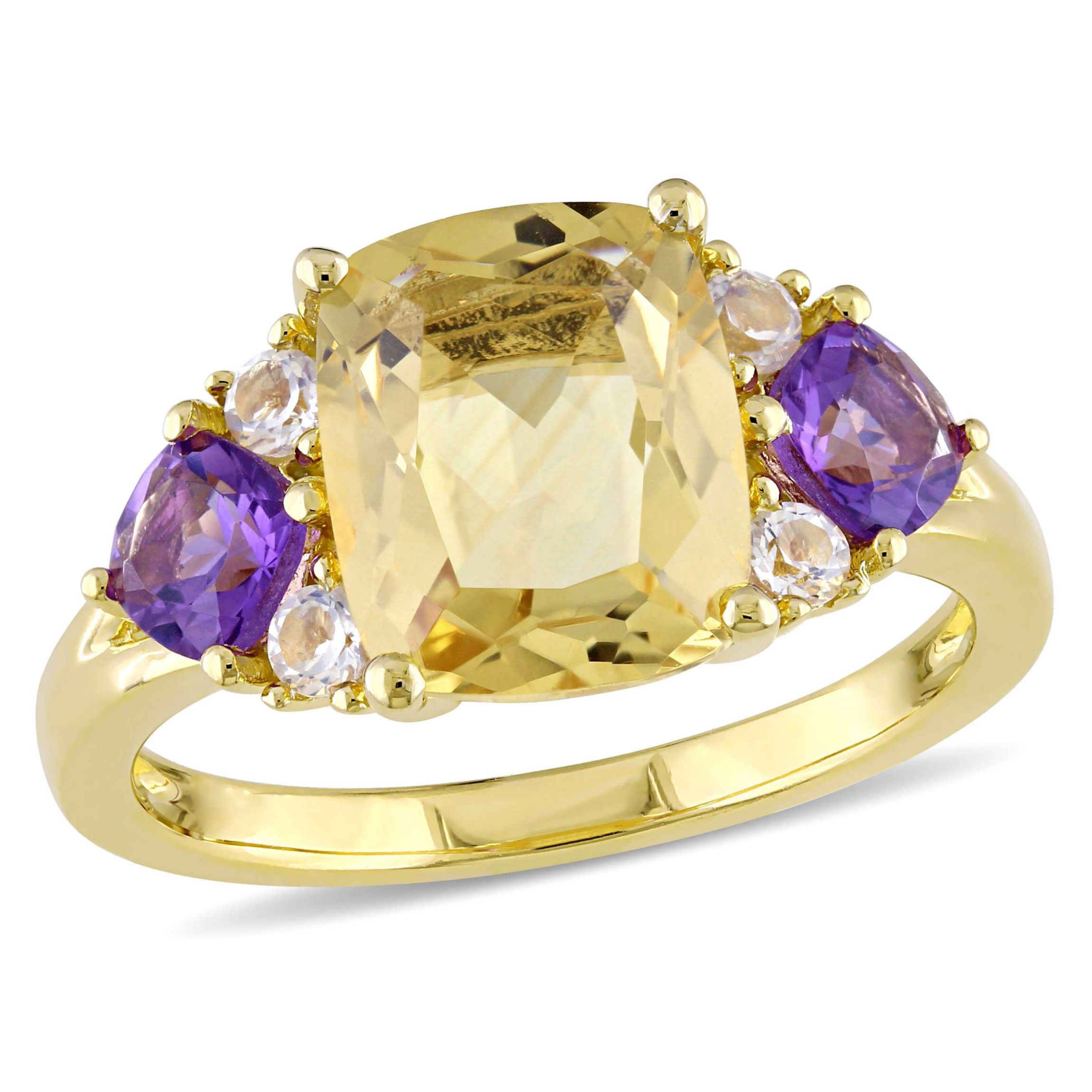Citrine, Amethyst and White Topaz Ring in Yellow Plated Sterling Silver
