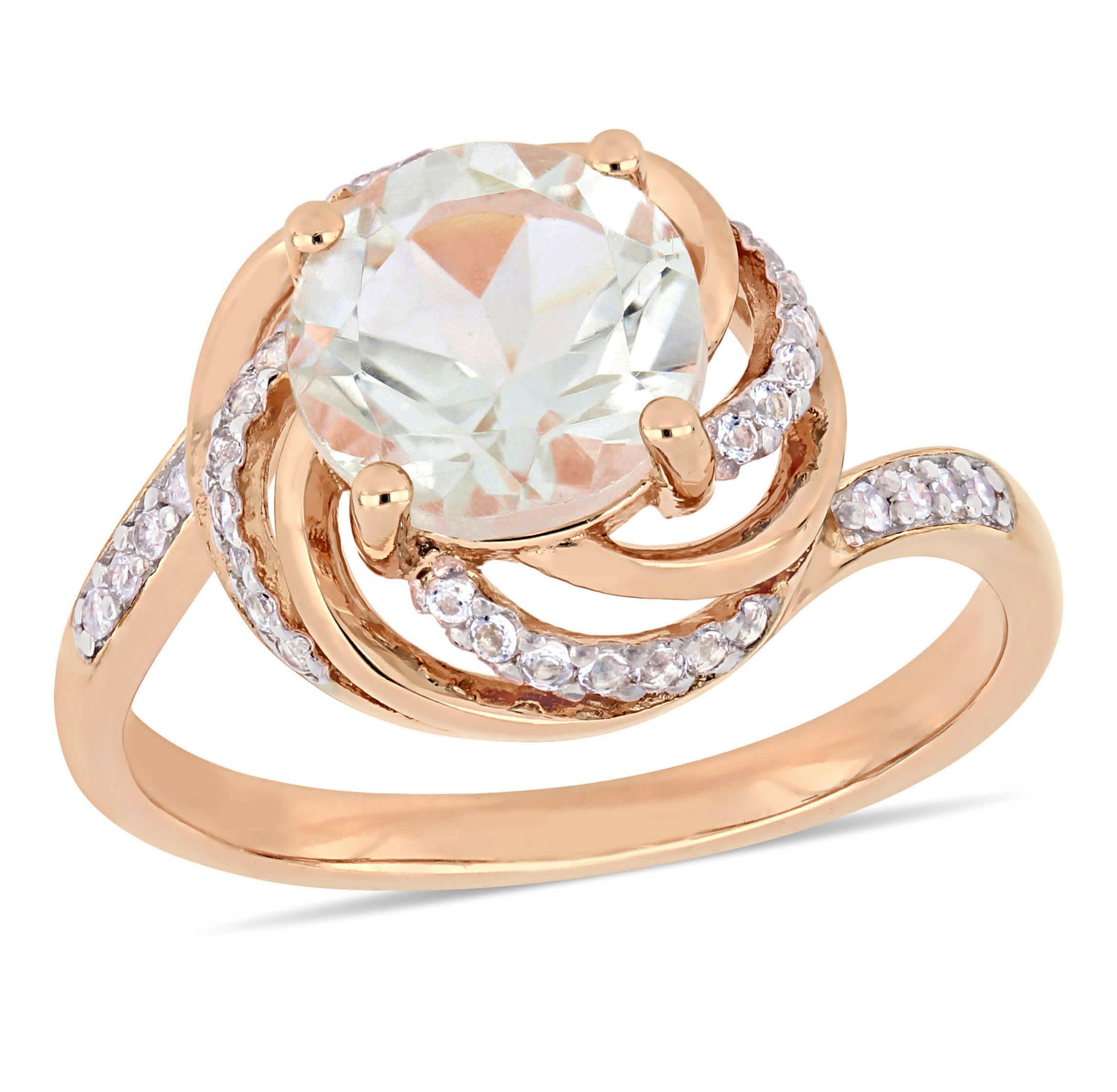 Green Quartz, White Topaz and Diamond Accent Interlaced Swirl Halo Ring in Rose Plated Sterling Silver