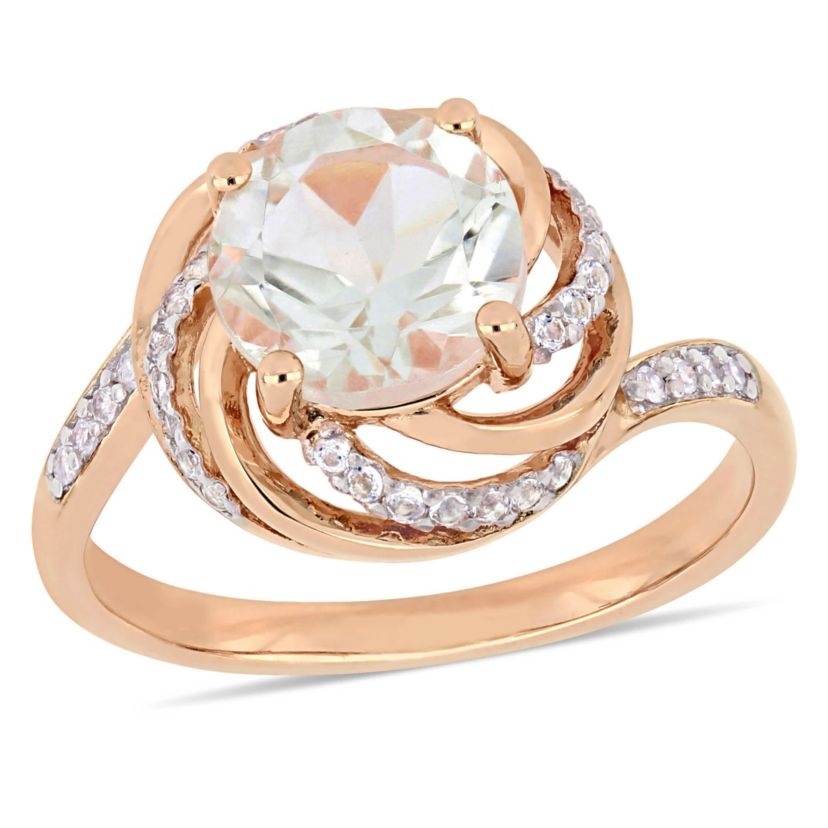 Green Quartz, White Topaz and Diamond Accent Interlaced Swirl Halo Ring in Rose Plated Sterling Silver
