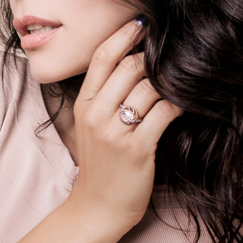 Green Quartz, White Topaz and Diamond Accent Interlaced Swirl Halo Ring in Rose Plated Sterling Silver