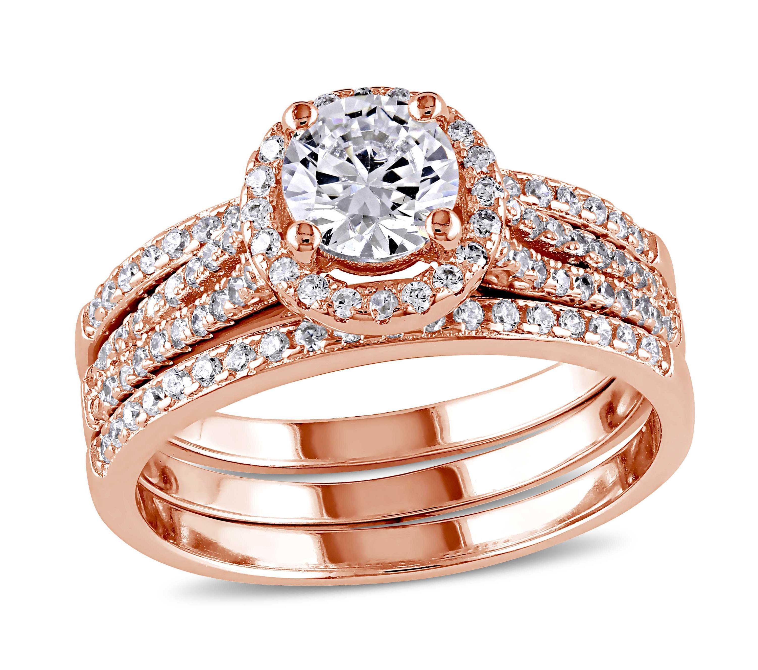 Lab Created Cubic Zirconia Halo Bridal Ring Set in Rose Plated Sterling Silver