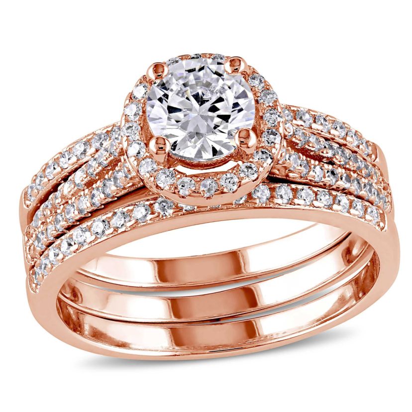 Lab Created Cubic Zirconia Halo Bridal Ring Set in Rose Plated Sterling Silver