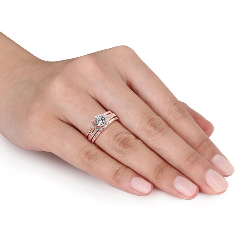 Lab Created Cubic Zirconia Halo Bridal Ring Set in Rose Plated Sterling Silver