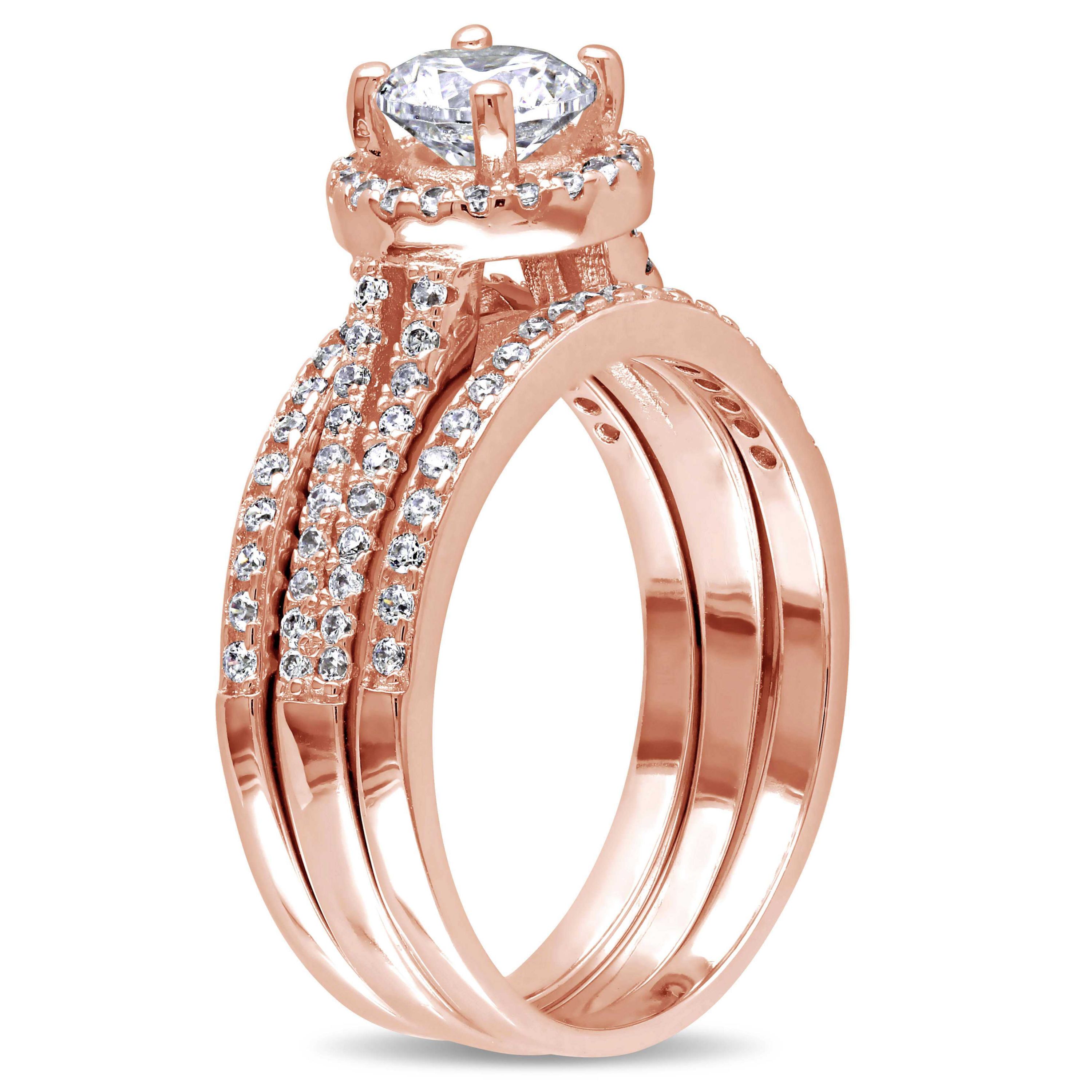 Lab Created Cubic Zirconia Halo Bridal Ring Set in Rose Plated Sterling Silver