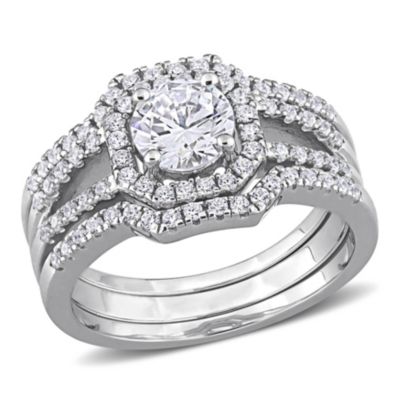 Haylee Jewels Lab Created Cubic Zirconia Halo Split Shank Bridal Ring Set in Sterling Silver, White, 7