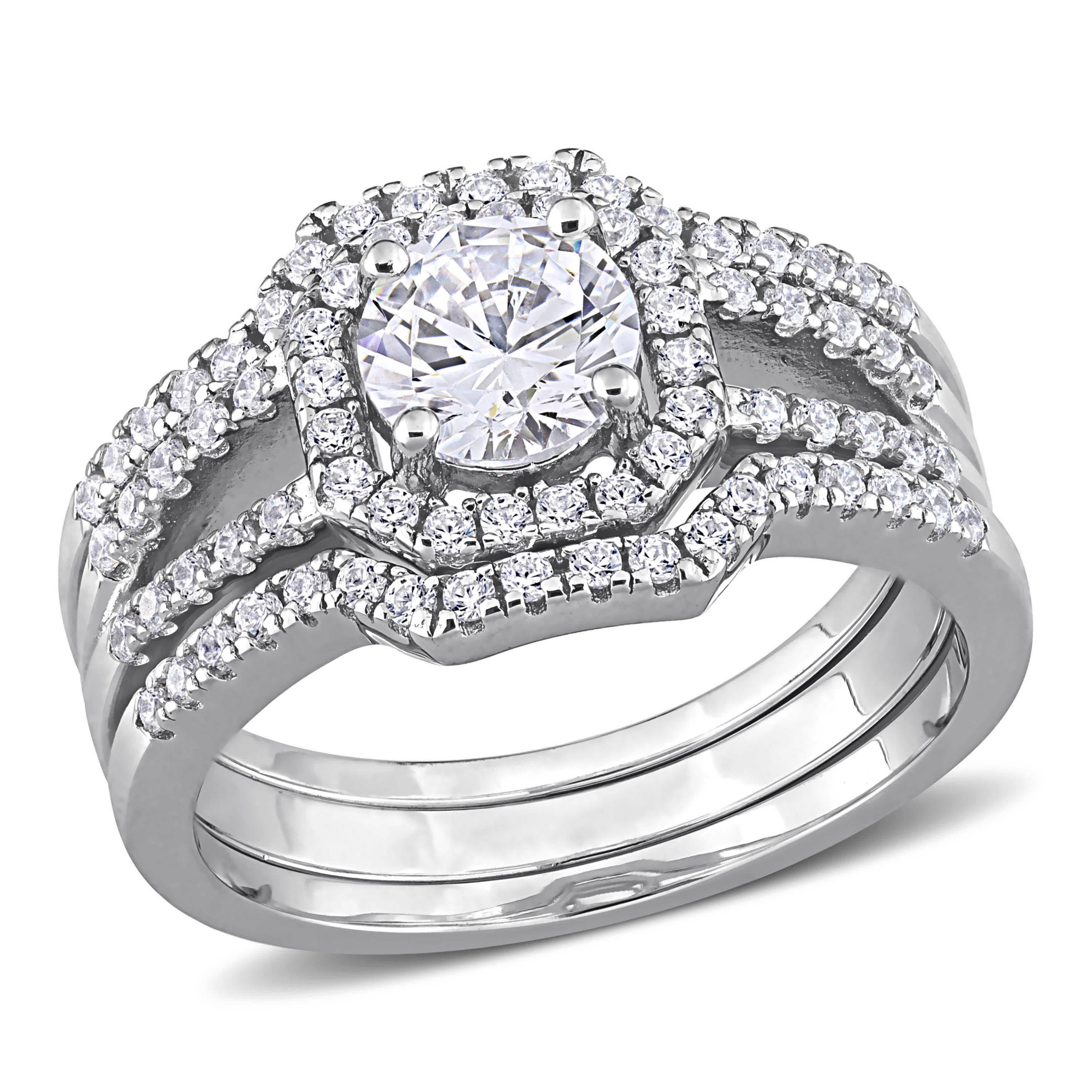 Lab Created Cubic Zirconia Halo Split Shank Bridal Ring Set in Sterling Silver