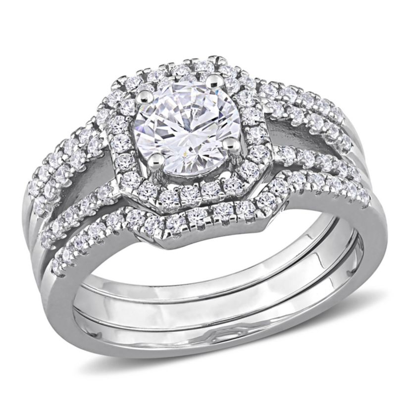 Lab Created Cubic Zirconia Halo Split Shank Bridal Ring Set in Sterling Silver