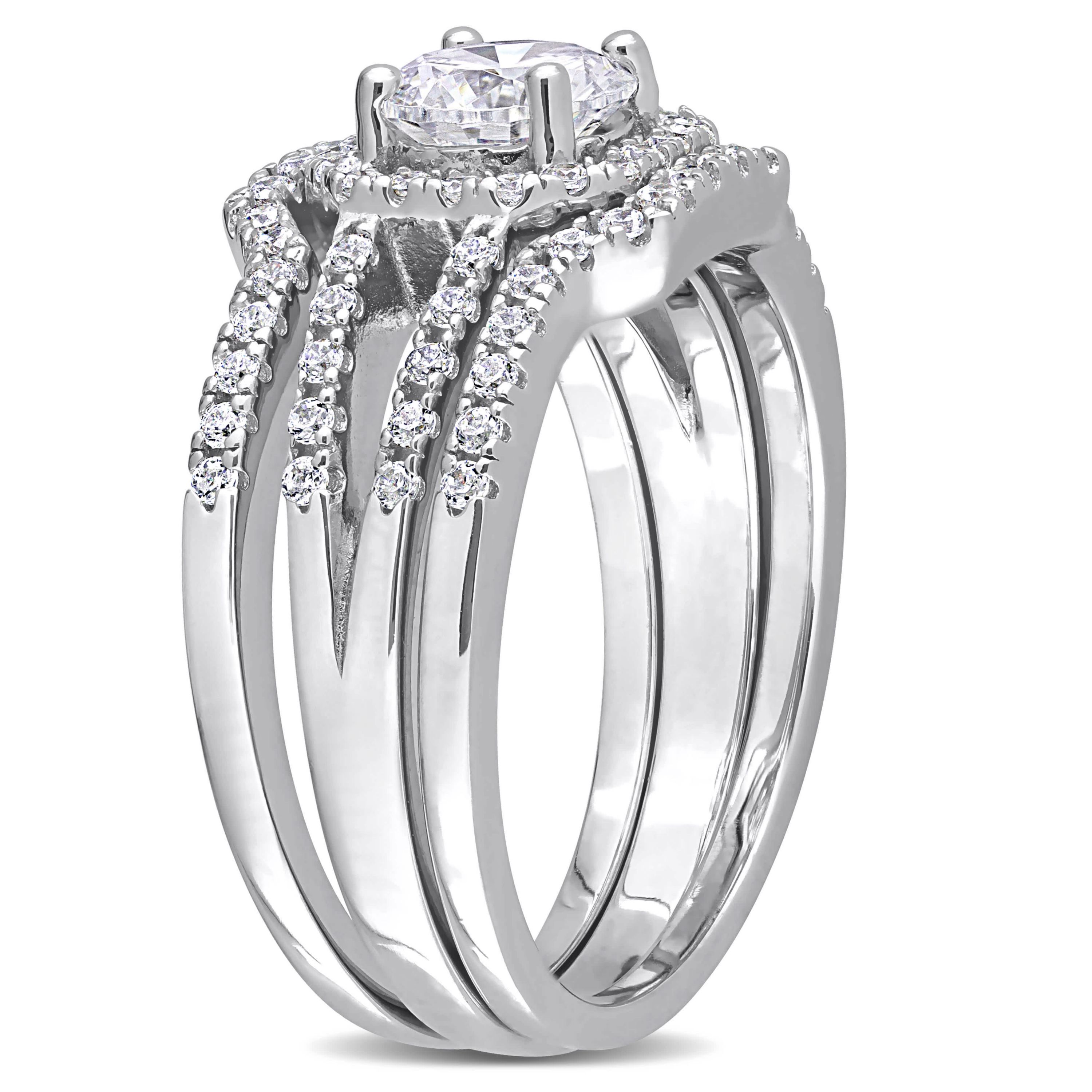 Lab Created Cubic Zirconia Halo Split Shank Bridal Ring Set in Sterling Silver