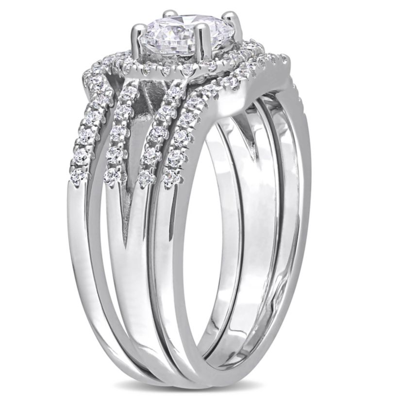Lab Created Cubic Zirconia Halo Split Shank Bridal Ring Set in Sterling Silver