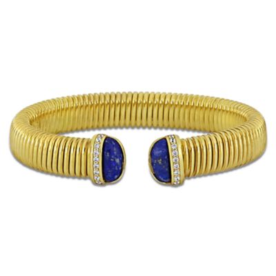 Haylee Jewels Cubic Zirconia & Gemstone Omega Bangle in Yellow Plated Sterling Silver, Turquoise