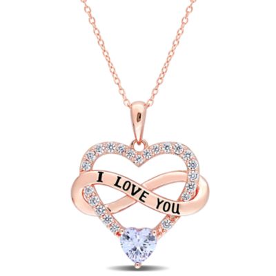 Haylee Jewels Cubic Zirconia Heart & Infinity Pendant with Chain in Rose Plated Sterling Silver, Purple