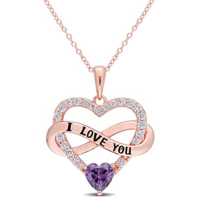 Haylee Jewels Cubic Zirconia Heart & Infinity Pendant with Chain in Rose Plated Sterling Silver, Purple