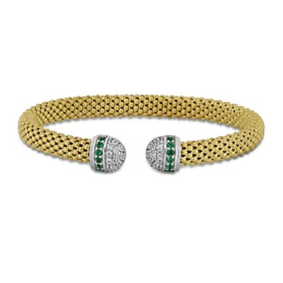 Haylee Jewels Cubic Zirconia Popcorn Strech Bangle in Two-Tone Sterling Silver, Green