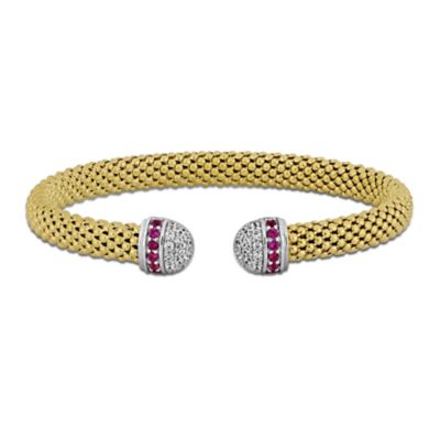 Haylee Jewels Cubic Zirconia Popcorn Strech Bangle in Two-Tone Sterling Silver, Red