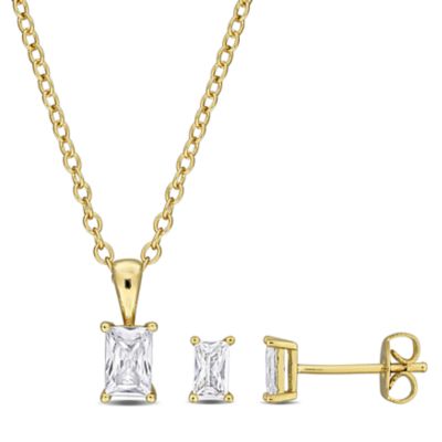 Haylee Jewels Cubic Zirconia Earrings & Pendant with Chain in Brass, White