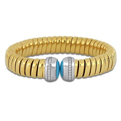 Haylee Jewels Cubic Zirconia & Gemstone Omega Bangle in Two-Tone Sterling Silver, Turquoise