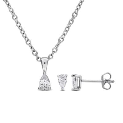 Haylee Jewels Cubic Zirconia Earrings & Pendant with Chain in Brass, White