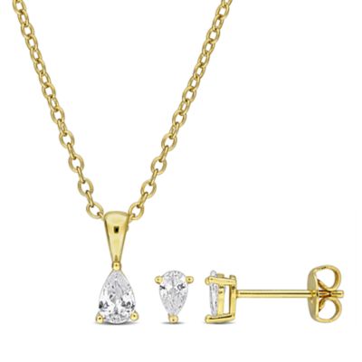 Haylee Jewels Cubic Zirconia Earrings & Pendant with Chain in Brass, Yellow