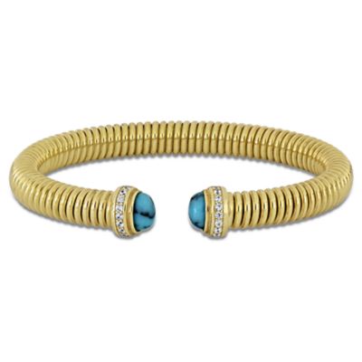 Haylee Jewels Cubic Zirconia & Gemstone Omega Stretch Bangle in Yellow Plated Sterling Silver, Turquoise
