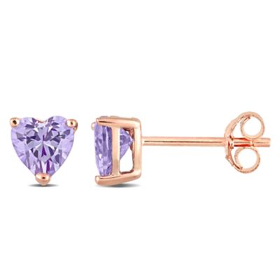 Haylee Jewels Cubic Zirconia Heart Solitaire Earring in Rose Plated Sterling Silver, Purple