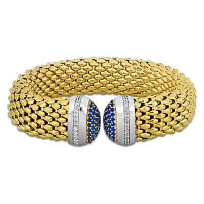 Haylee Jewels Multi-Color Cubic Zirconia Opocorn Open Bangle in Two-Tone Sterling Silver, Blue