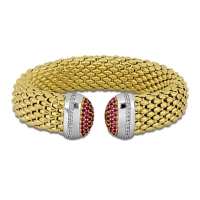 Haylee Jewels Multi-Color Cubic Zirconia Opocorn Open Bangle in Two-Tone Sterling Silver, Red