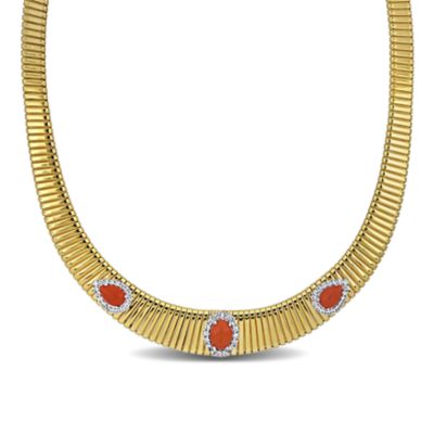 Haylee Jewels Lab Created Cubic Zirconia & Gemstone Omega Necklace in Yellow Plated Sterling Silver, Red