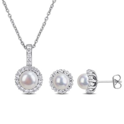Haylee Jewels 8-9mm Freshwater Cultured Pearl & Cubic Zirconia Earrings & Pendant with Chain, White