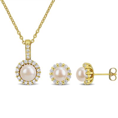 Haylee Jewels 8-9mm Freshwater Cultured Pearl & Cubic Zirconia Earrings & Pendant with Chain